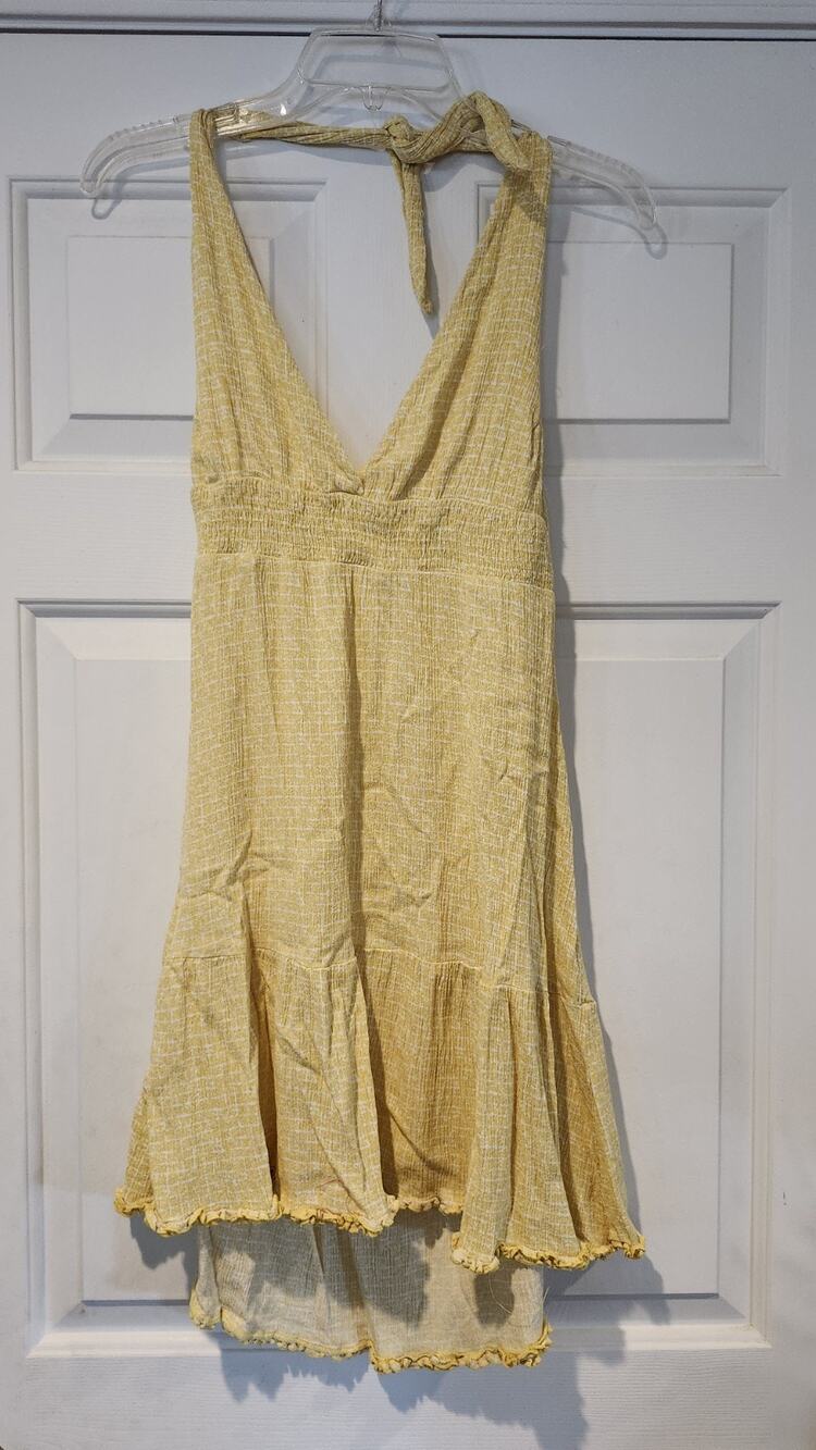 Shinestar Yellow Halter Mini Dress Smocked Waist Ruffle High Low Rayon L #480